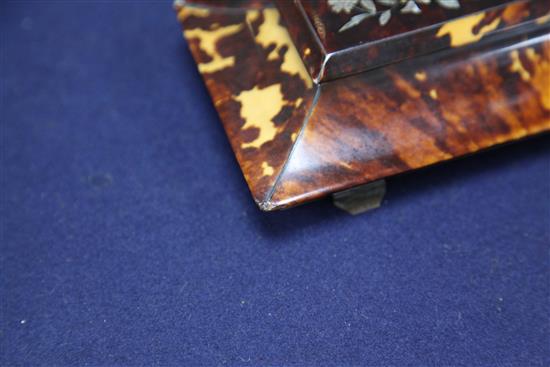 An early Victorian mother of pearl inlaid tortoiseshell tea caddy, 7in.